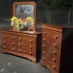 Solid Wood Set: Long Dresser, Big Drawers, Big Mirror, Tall Chest. Drawers Working Well . Delivery Available 