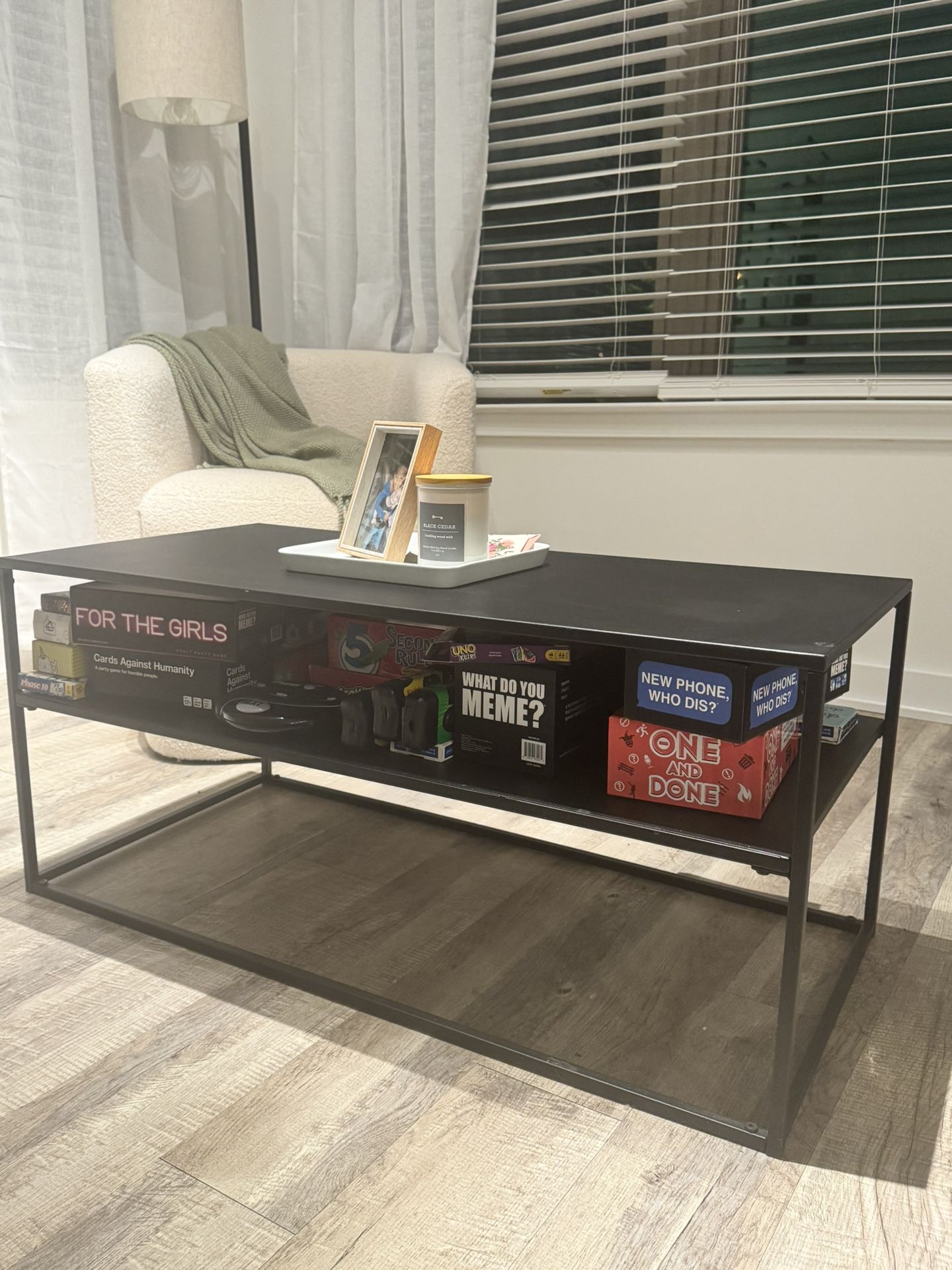 🖤 Black Metal Coffee Table with Game Storage – $80