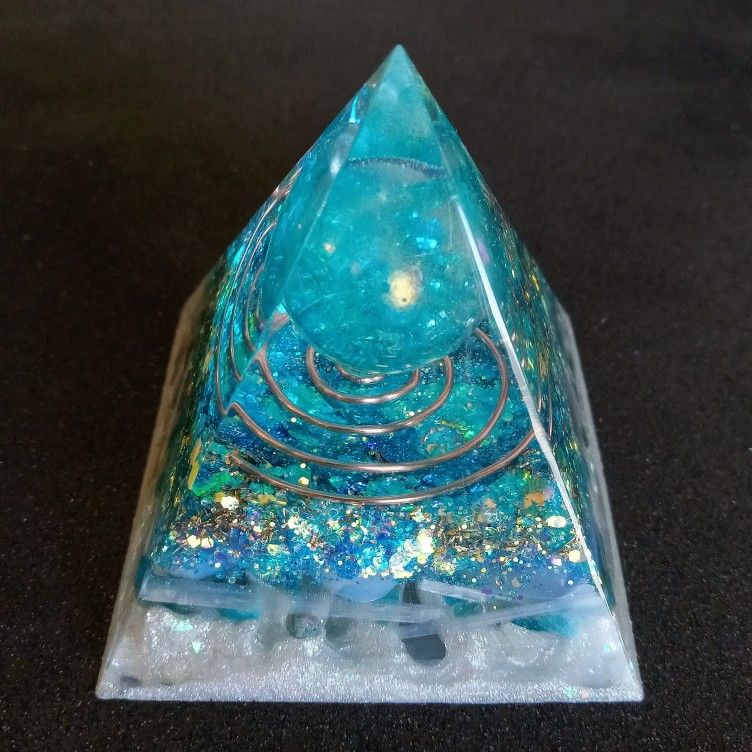 Blue aura quartz orgonite orgone resin pyramid with opalite selenite and apatite