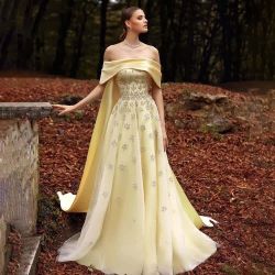 Evening Dress Beading Yellow Exquisite Boat Neck Off-the-shoulder Ball Gown Sweep/Brush es Rhintone Tulle S Formal