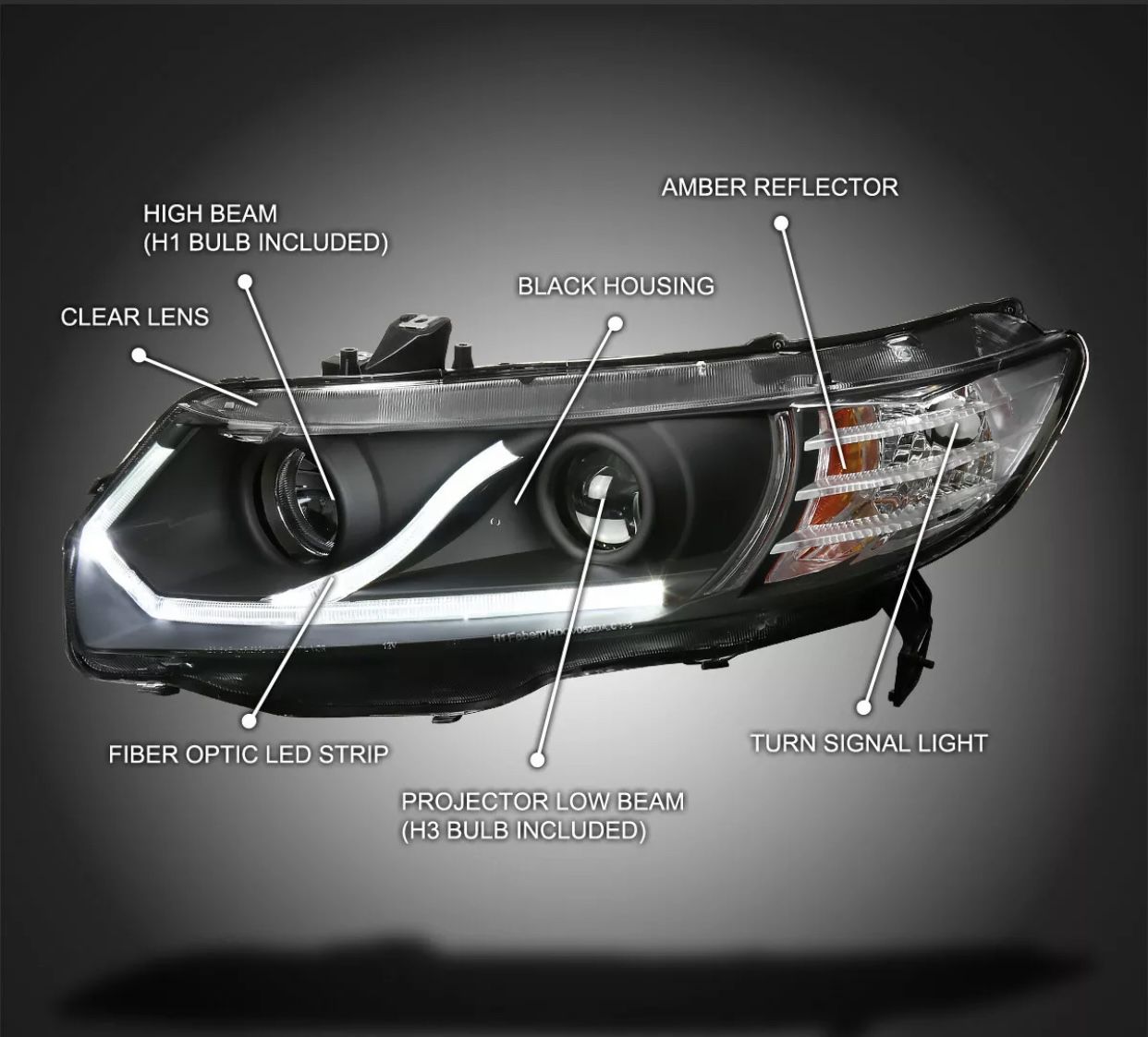 For 2006-2011 Honda Civic Coupe 2Dr Black LED Strip Projector Headlights Lamps
