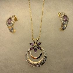 14k gold, amethyst and diamond necklace with matching earrings 