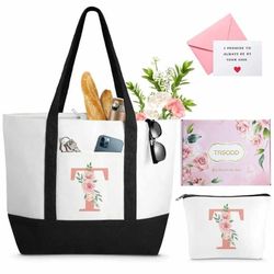 New Personalized Friend Birthday Gifts for Women, Floral Initial T, Large Tote Bag, Can-vas Beach Bag w Makeup Bag, Bridesmaid Bridal Shower Thank Tea