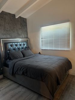 Queen Bed Frame with Tufted Headboard Grey And Blue