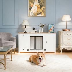 TIME RAY 55" Dog Crate Furniture for Large Dog,Dog Cage Furniture with 2 Storage Drawer,Dog Bowl Drawer and Upward Flapping Crate Door
