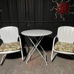 2 Metal Chairs w/ Cushions & Metal Foldable 30” Table