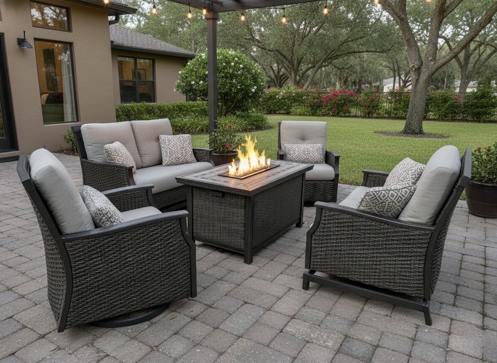 OUTLET | Agio 5-piece Woven Outdoor Patio Seating Set with Fire Table