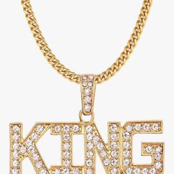 King Sign Necklace Hip Hop King Pendant Necklace Rhinestone Gold Chain Necklace for Men Women. (Bin 25)