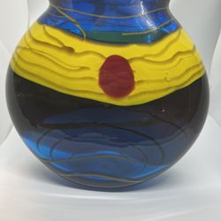 VTG SDS SEAPOOT  AMERICAN GROUP 9” VASE STUDIO ART GLASS  ART DECO  COBALT BLUE, RED, YELLOW ART GLASS WITH GOLD SWIRLED 