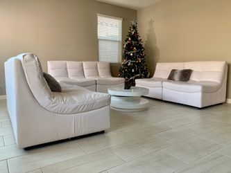 Modern Genuine White Leather 7 Piece Sectional & End Table