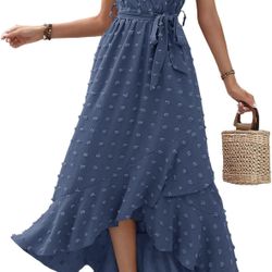 BTFBM Women V Neck Summer Dress 2025 Cap Sleeve Swiss Dot Boho Flowy Ruffle Slit Beach Party Long Maxi Cocktail Dresses