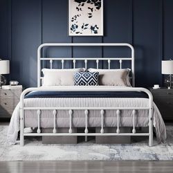 Queen Size Classic Metal Platform Bed Frame Mattress Foundation with Victorian Style Iron-Art Headboard/Footboard/Under Bed Storage/No Box Spring Need