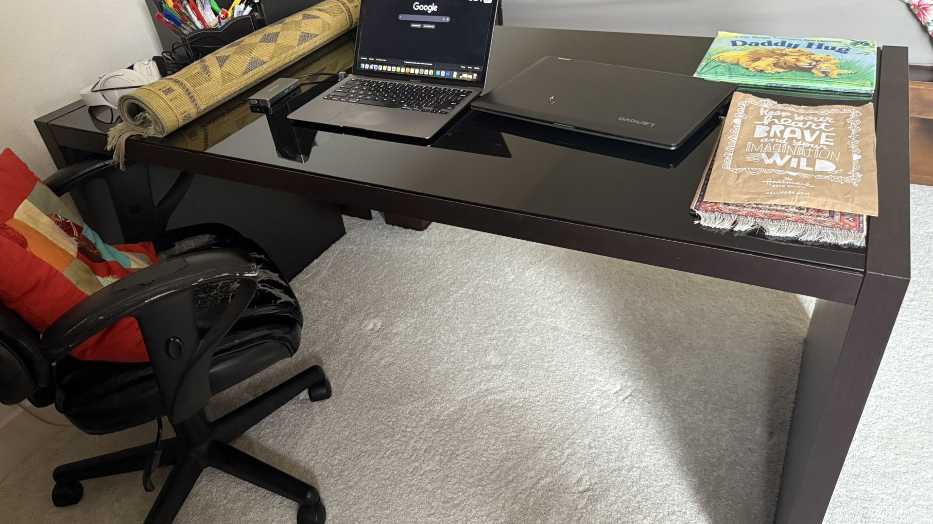 Working Desk Espresso Color Glass Top