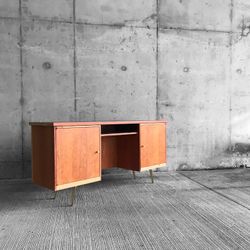 Beautiful MCM Solid Wood Desk With Modern Twist, Brass Hardware & Legs. Reimagined With Love 💕
