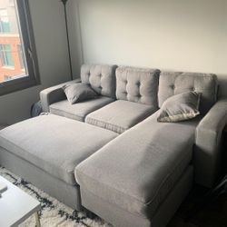 Like New Light Grey Linen Sectional Sofa Couch +Ottoman