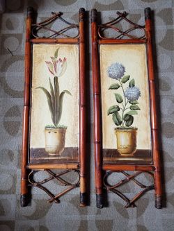 Set of (2) Bamboo Framed Oil Painting Print Flowers in Pot