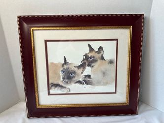 Artist Signed B. DeSoto 1968 Vintage Framed Matted Siamese Cats Art Print