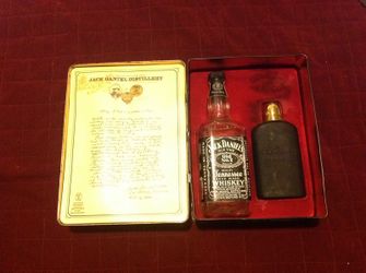 Vintage jack Daniels tin with bottle and flask