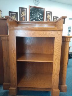 Used Custom Solid Oak winged pulpit in mint condition. 48" H, 44"W, 20" D. Also, 2 Solid Oak Flower tables 15 x28" H -$1,500.00 Call  Loc