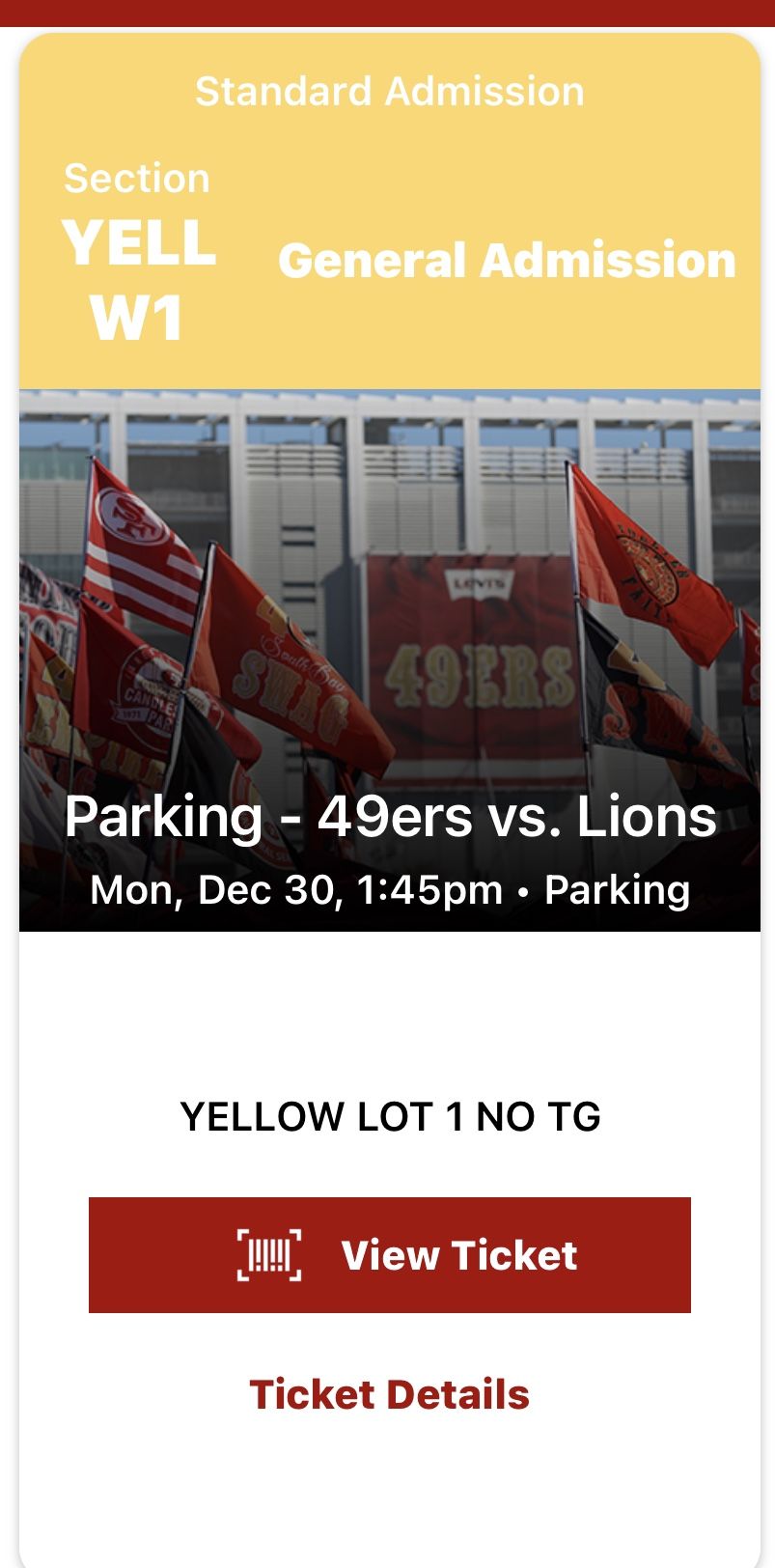 49ers Vs Detroit Lions Yellow Parking Pass