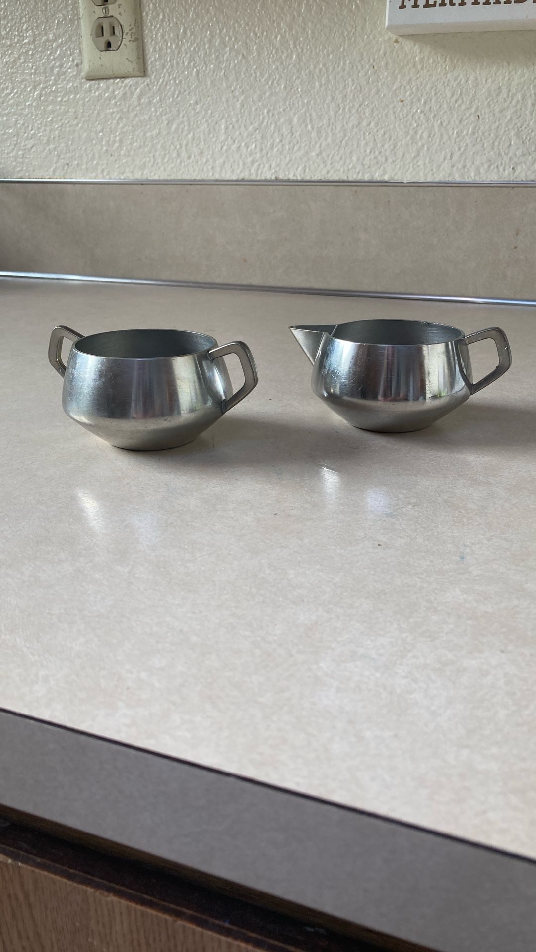 Pewter sugar and cream serving
