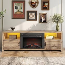 Bestier 70" Electric Fireplace TV Stand for TVs Up to 80", Modern Fireplace Entertainment Center with Storage Cabinets, LED Lights, Open Shelves and C