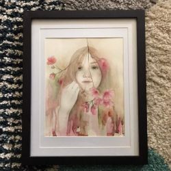 Original Watercolor Art Matted And Framed Young Woman In Blossoms