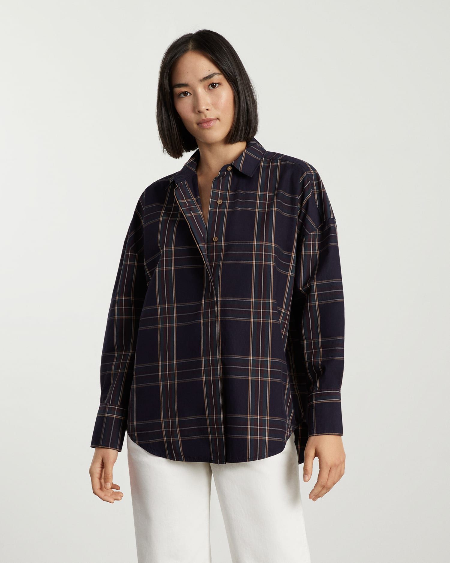 Everlane The Oversized Poplin Shirt Plaid Bottom Down Red and Green Lines