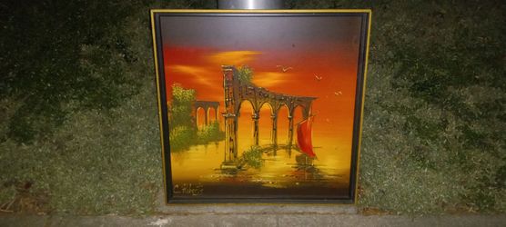 Mid Century Modern Oil Painting 50s Art VTG Atlantis Ruins C. Roberts