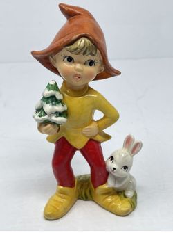Vintage Homco 5215 Holiday Christmas Woodland Elf Figurine Tree Bunny 6.5 in