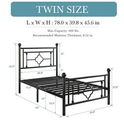 Twin Size Metal Platform Bed Frame, Vintage Victorian Style, Wrought Iron Headboard and Footboard/Mattress Foundation for Storage/No Box Spring Requir