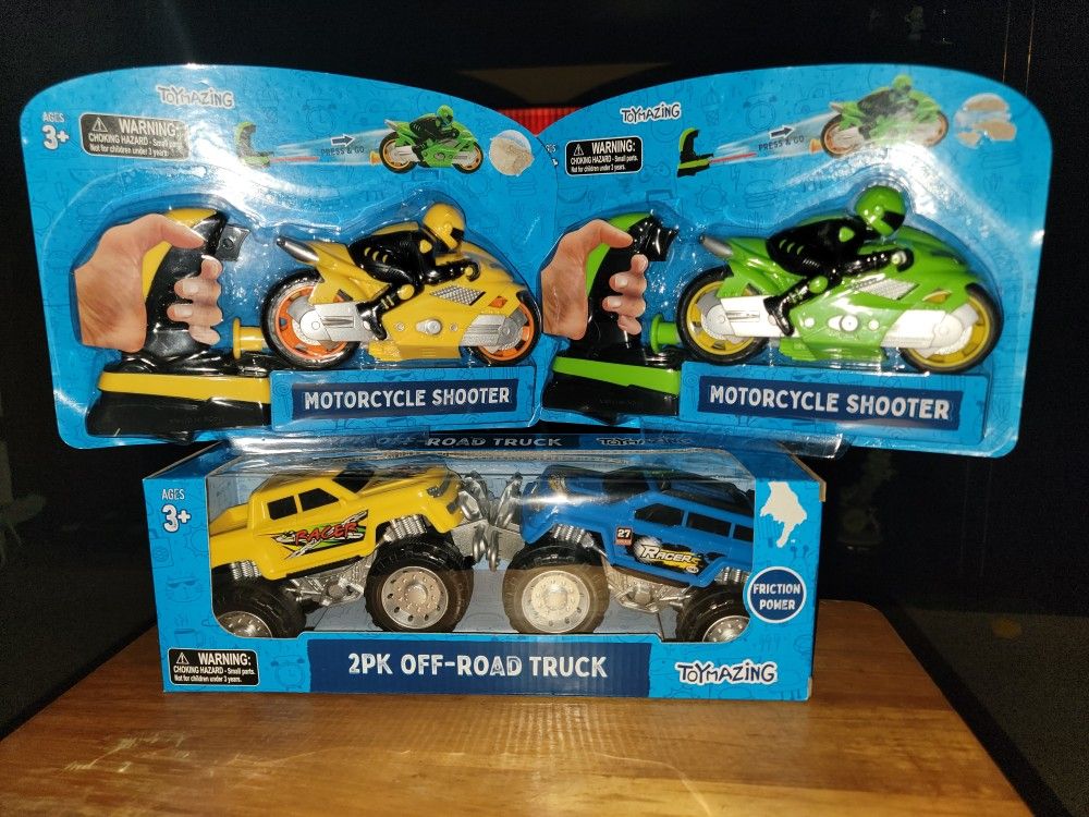 NEW TOYS. $10 EACH. SEE ALL PICTURES FOR CLOSE UP.   FRICTION OFF RD TRUCKS AND MOTOR CYCLE SHOOTERS