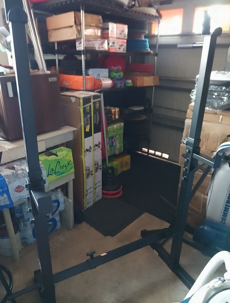 Squat Rack, Bench, Total Gym, Step Platform, Olympic Bars, Weights, Bumper Plates