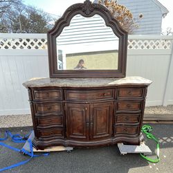 Antique 9-Drawer Solid Wood Dresser with Mirror