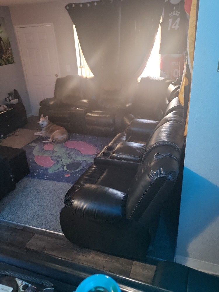 Black Leather Reclining Sectional Coach