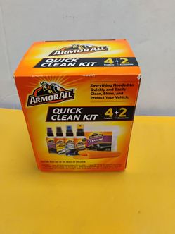 Armor All Quick Clean Kit contains 4 cleaning products and 2 accessories for vehicle maintenance.