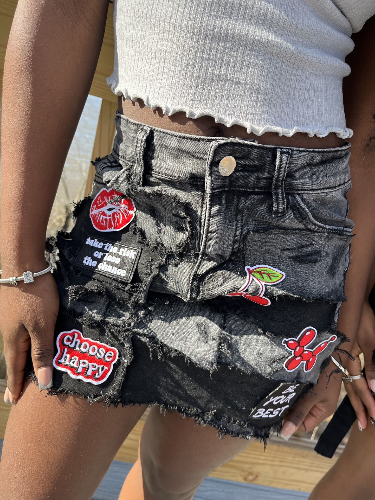 Distressed denim skirt
