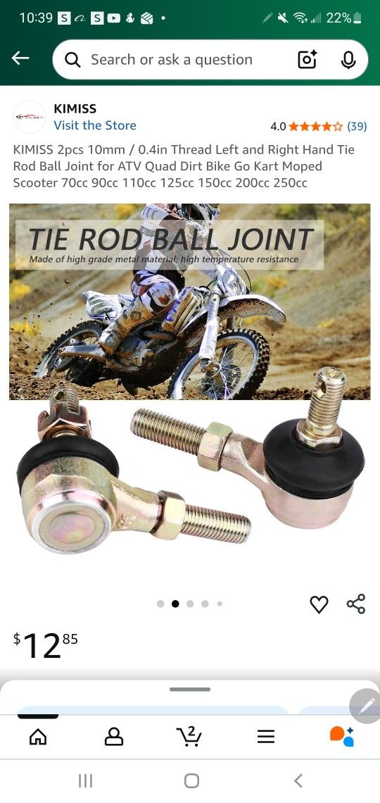 KIMISS 2pcs 10mm / 0.4in Thread Left and Right Hand Tie Rod Ball Joint for ATV Quad Dirt Bike Go Kart Moped Scooter 70cc 90cc 110cc 125cc 150cc 200cc