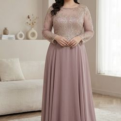 Mauve Embroidered Long Sleeve Evening Dress