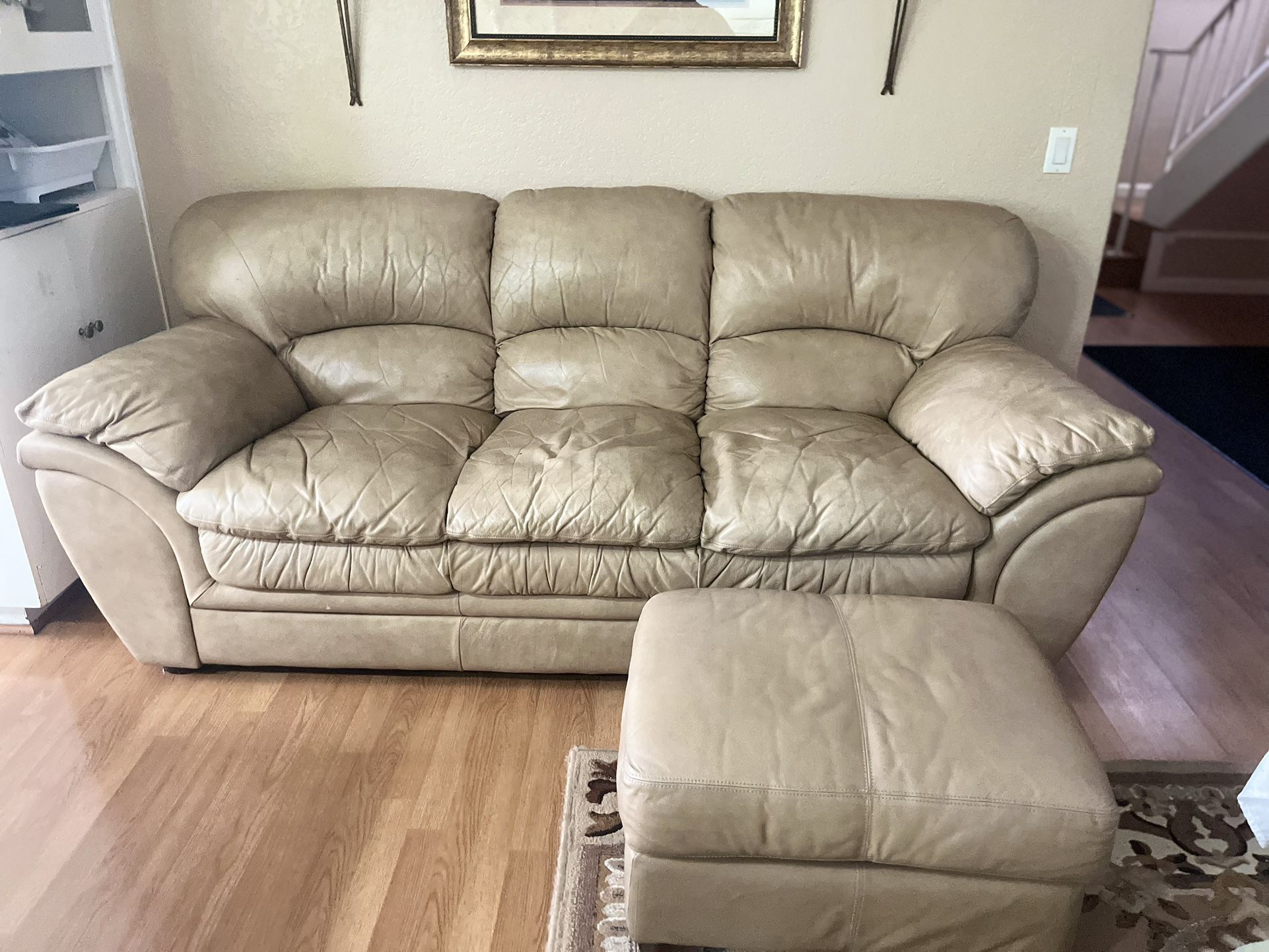🔥 CLEAR-OUT DEAL — Beige Leather Couch + Ottoman — $119.99 (Oxnard)