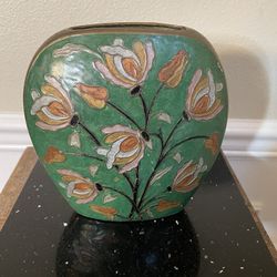 Brass Green Enamel with Flowers Vase 7”x7”