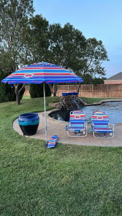 2 Tommy Bahama Reclining Beach Chairs + Matching Umbrella — $100 OBO