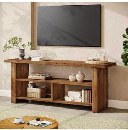 F2576 Solid Wood TV Stand for TVs up to 75 Inch, Farmhouse Wooden Entertainment Center with Open Storage Shelf, 63" Low Media Console Television Stand
