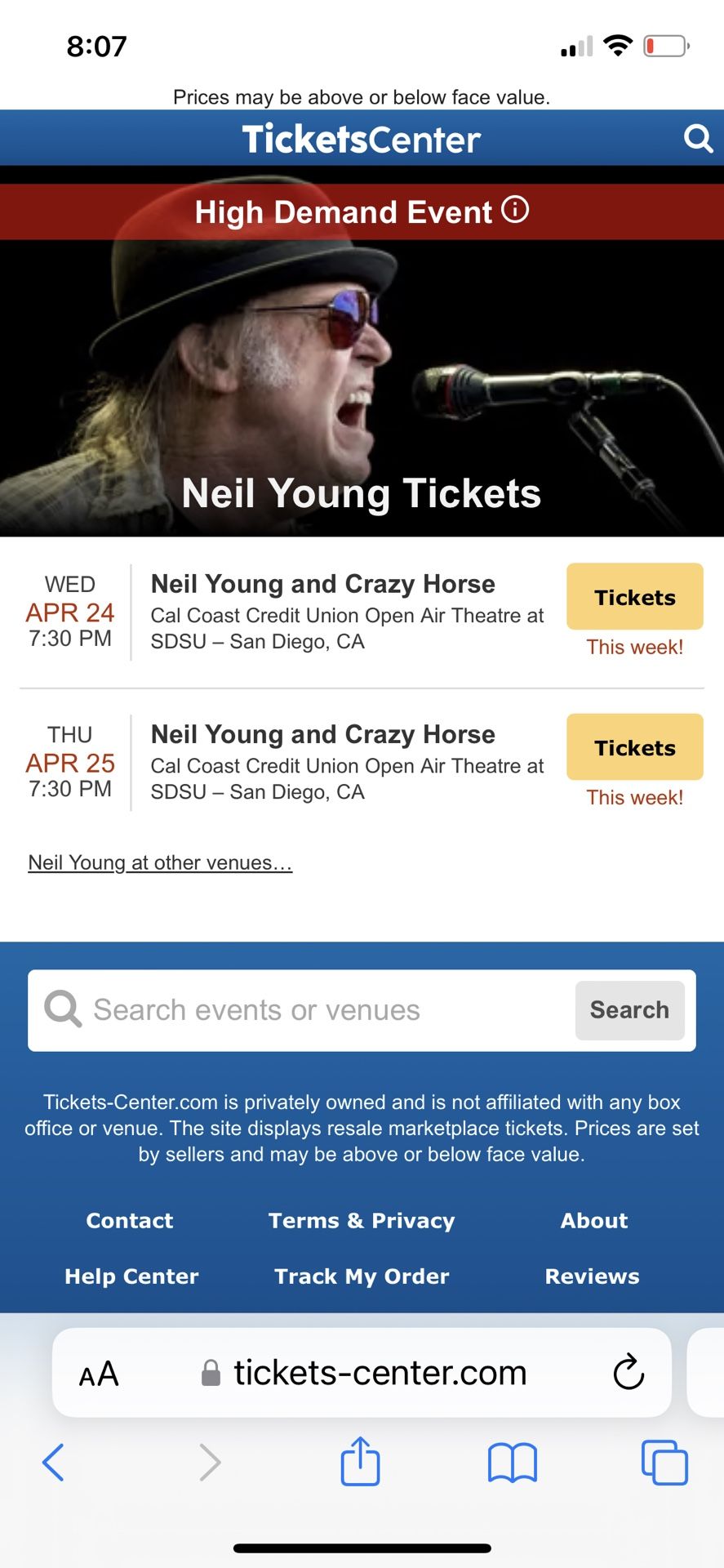 Neil Young Tickets (2 Seats 7&8) 4/25
