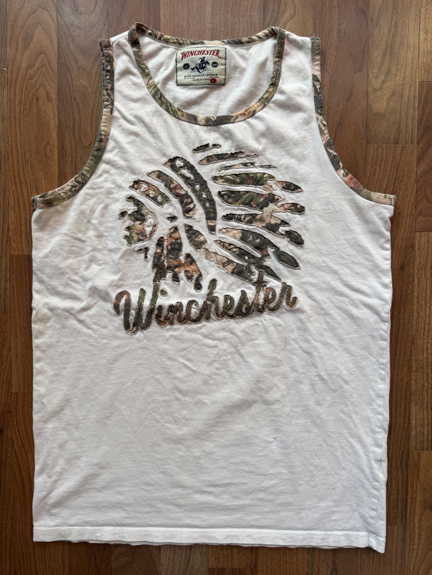 Mens Vintage Winchester Indian head Camo Cut Out Tank Top LRG - STAINED