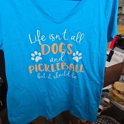 New Dogs And Pickleball Blue V Neck T-Shirt Women Size Large