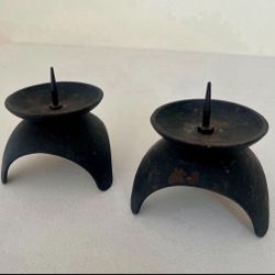 Set Of  Vintage MCM Japanese Tripod Candle Holders Black Cast Iron 