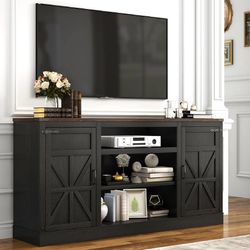 66" Farmhouse TV Stand with Power Outlets for 75 Inch TVs, 33" Tall Entertainment Center with Storage Cabinets w/Adjustable Shelves, Rustic Large TV M