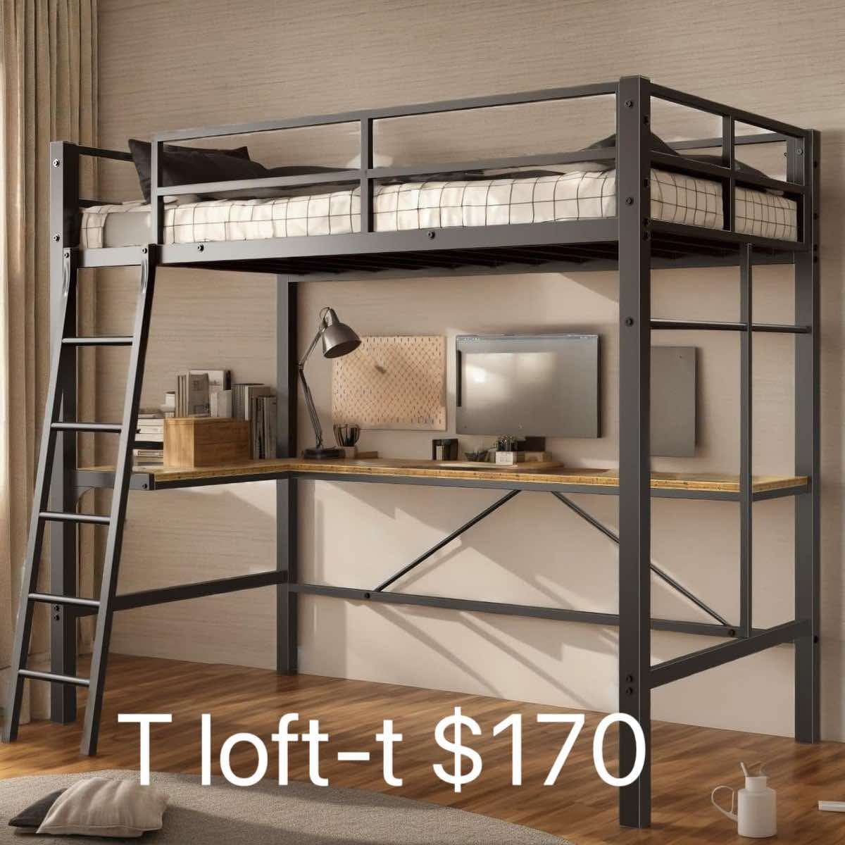 Metal Loft Bed Twin Size with Desk, Heavy Duty Twin Bed Frame(loft-T)