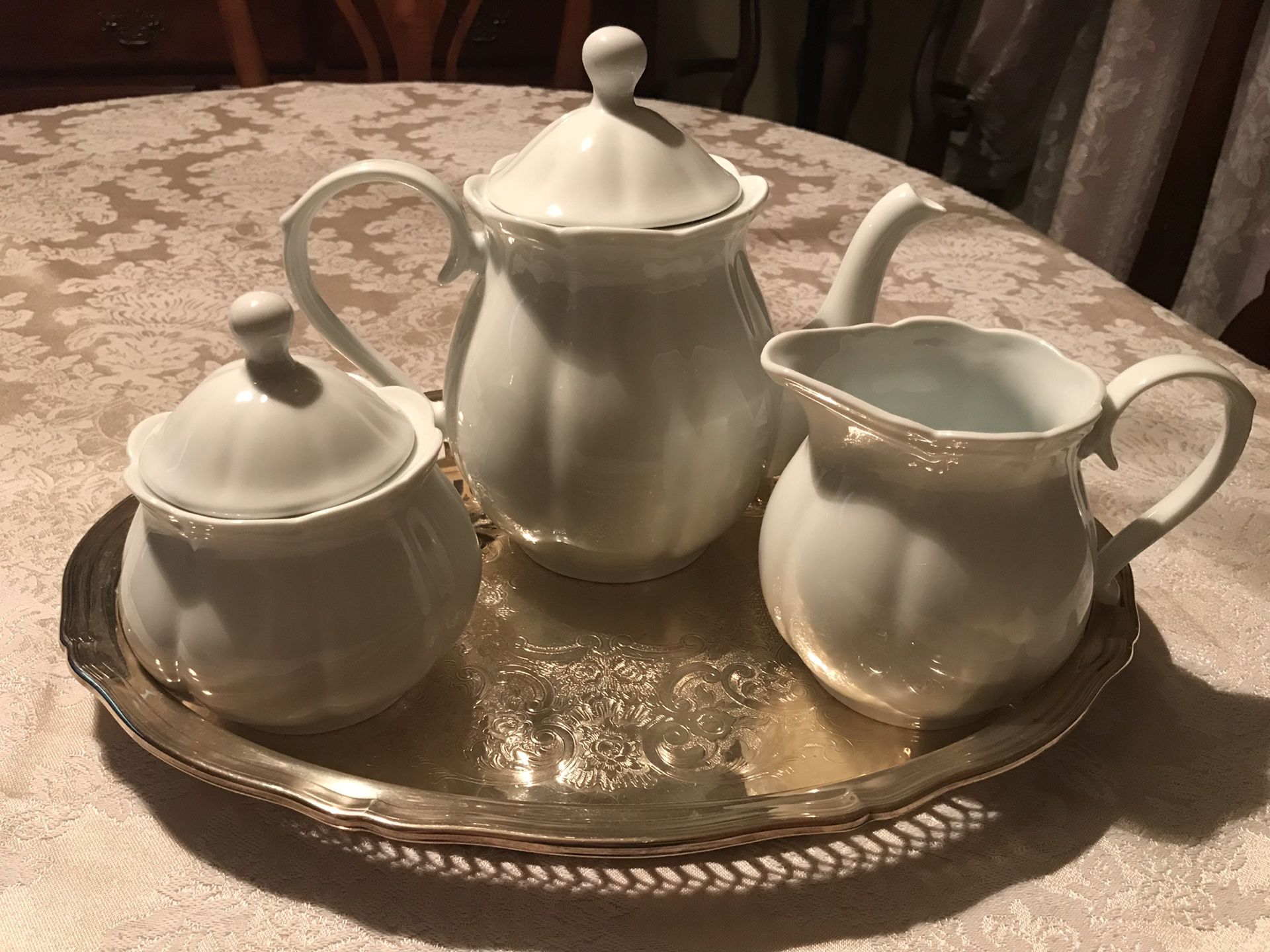 White Ceramic Tea or Coffee Set on Silver Plated Tray